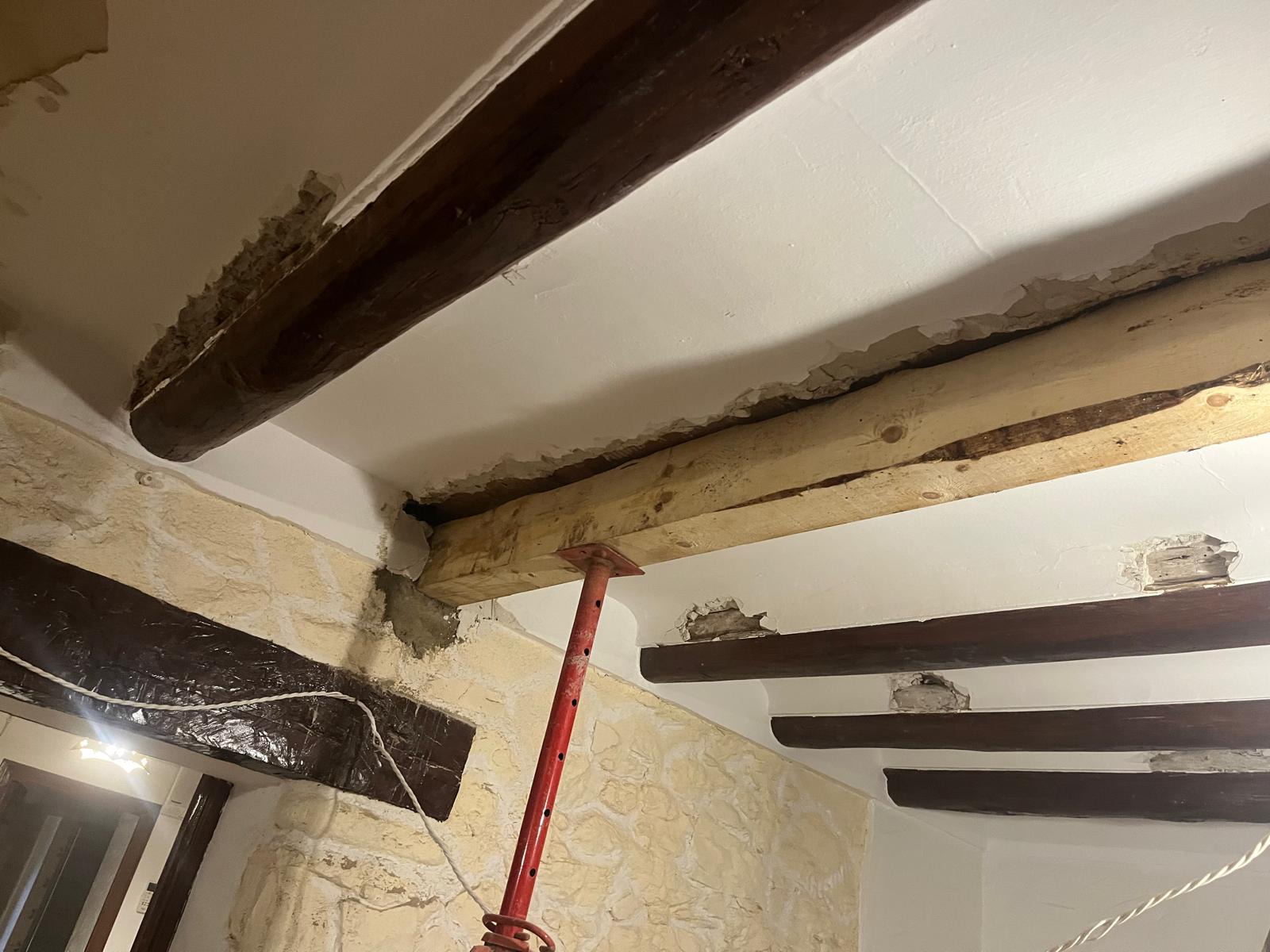 Múltiples agujeros de termitas en viga de madera